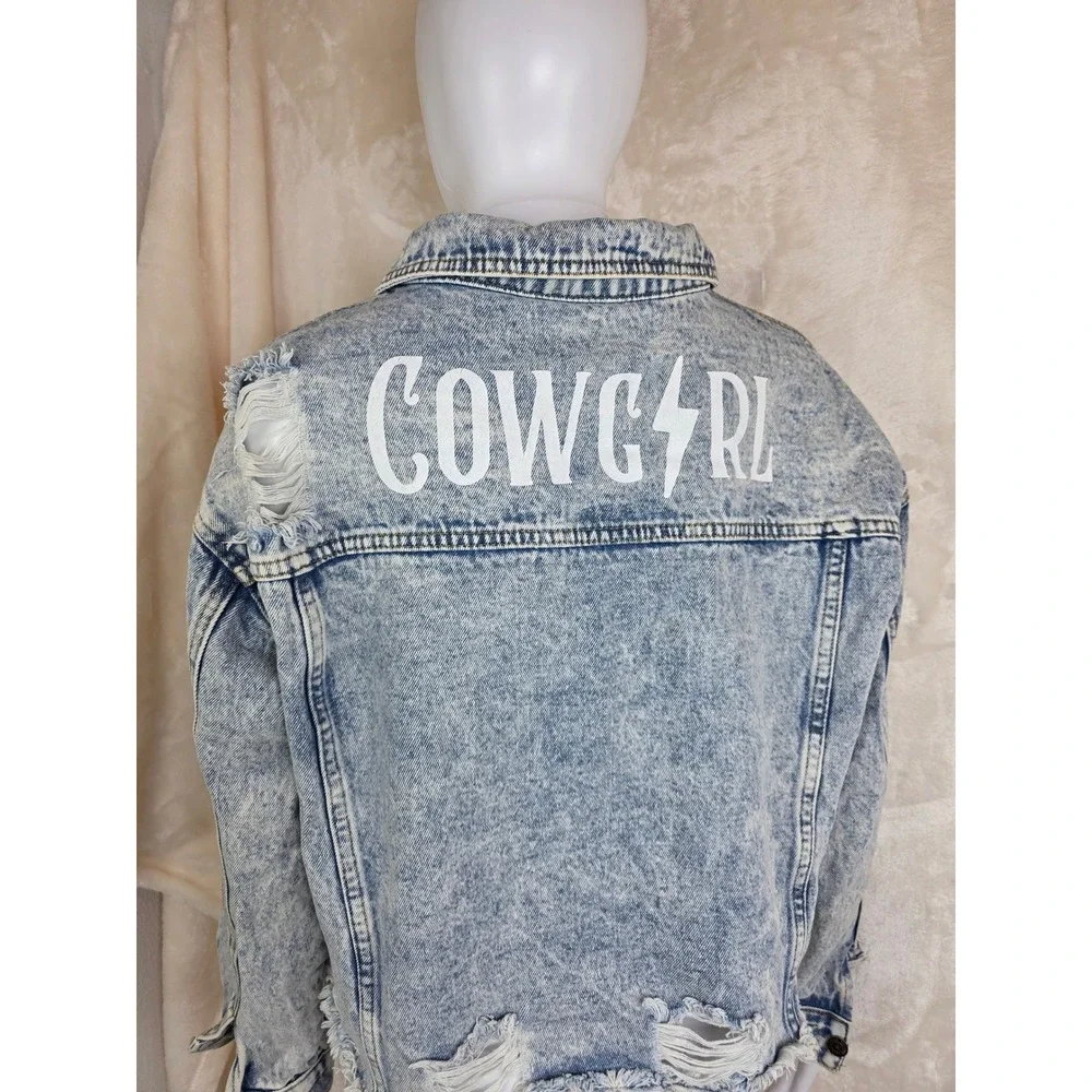 Rivalry Runway Denim Cowgirl‎ Acid Wash Distressed Jean Jacket Light Blue L